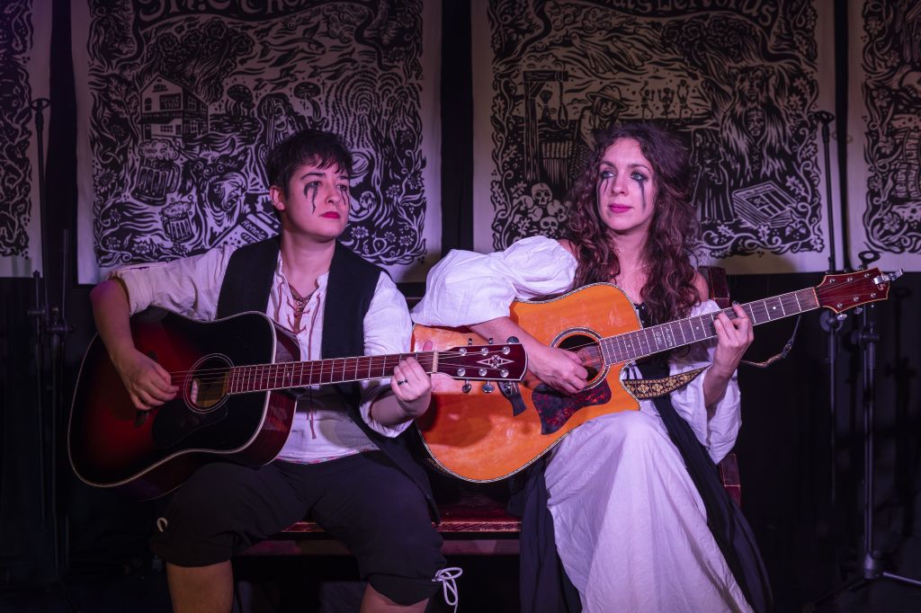 Two folk singers sat playing guitars